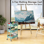 3 Tier Turquoise Metal Mesh Rolling Cart, Storage Cart with Handle and Lockable Wheels, Multifunctional Three Tiered Utility Organizer Cart on Wheels for Kitchen, Office, Bathroom, Crafts, Arts, Snack