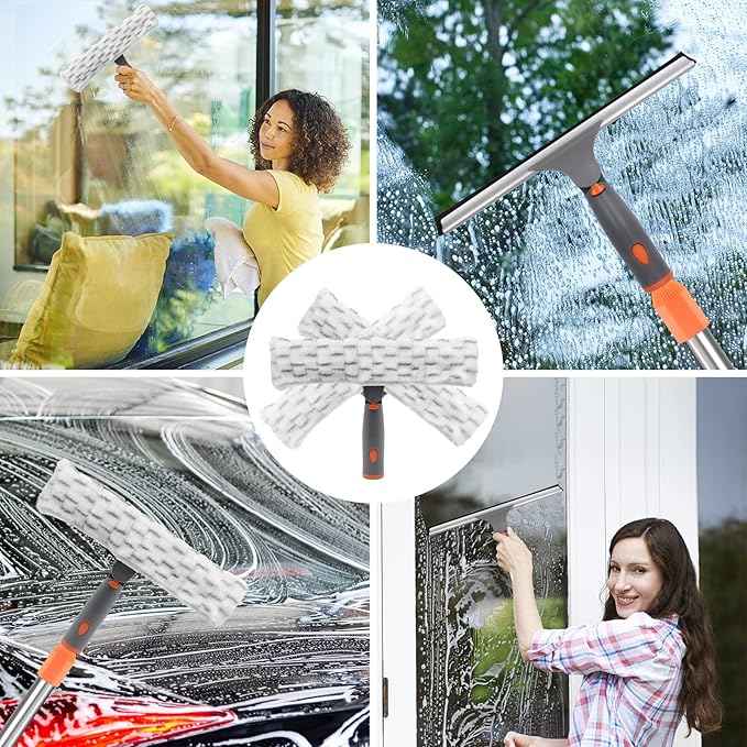 Window Cleaner Tool with Long Handle, BITOPE 60" Shower Squeegee for Window Cleaning with Telescopic Pole, 12" Squeegee & 10" Microfiber Cleaning Pads Kit for Glass Door Car Mirror