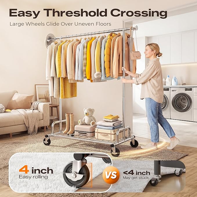 HOKEEPER Heavy Duty Clothes Rack Load 525 LBS, 75''W Adjustable Garment Rack, Rolling Clothing Rack for Hanging Clothes with Lockable Wheels, Portable Collapsible Closet Rack for Bedroom Laundry Room