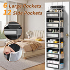 Over The Door Organizer with 6 Large Pockets, Over the Door Storage 12 Side Pockets, Hanging Door Organzier 44 lb Load Behind Door Storage Hanging Shelf for Closet Wall Bathroom Nursery, 6-Tier Black