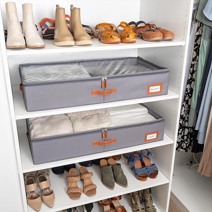 OrganiHaus Under Bed Storage Containers, Bedroom Storage and Organization Bins, Clothes Organizer for Closet with Clear Cover and Reinforced Handles - Set of 2 33x17x6 inches Gray
