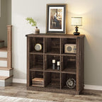 GarveeHome 9 Cube Storage Organizer Bookshelf, 4 Tier Farmhouse Horizontal Bookcase, 37.4 Inch Wood Storage Bookcase for Entryway, Long Low Bookshelves for Living Room-Black Oak