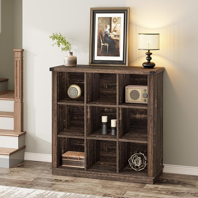 GarveeHome 9 Cube Storage Organizer Bookshelf, 4 Tier Farmhouse Horizontal Bookcase, 37.4 Inch Wood Storage Bookcase for Entryway, Long Low Bookshelves for Living Room-Black Oak