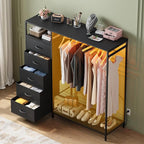 47 Inch Black Dresser with LED Lights & Hanging Rack, 5 Drawer Fabric Dresser with Charging Station and Shelves, Tall Closet Organizer for Bedroom Clothes Storage