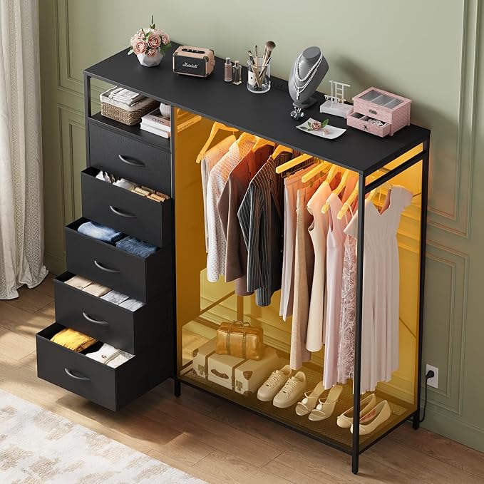 47 Inch Black Dresser with LED Lights & Hanging Rack, 5 Drawer Fabric Dresser with Charging Station and Shelves, Tall Closet Organizer for Bedroom Clothes Storage