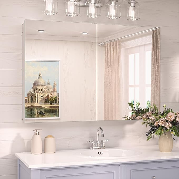 TokeShimi 36x24 Medicine Cabinet Mirror with Storage Tempered, Aluminum Surface Mount or Recessed Medicine Cabinet Silver with Adjustable Shelves for Bathroom Wall Cabinet Farmhouse