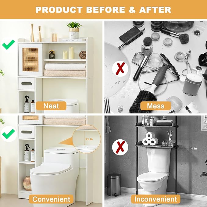6Tier Over The Toilet Storage Cabinet, Freestanding Above Toilet Space Saver Rack w/Adjustable Shelves, Sliding Door, Multifunctional Over Toilet Organizer for Bathroom (White)