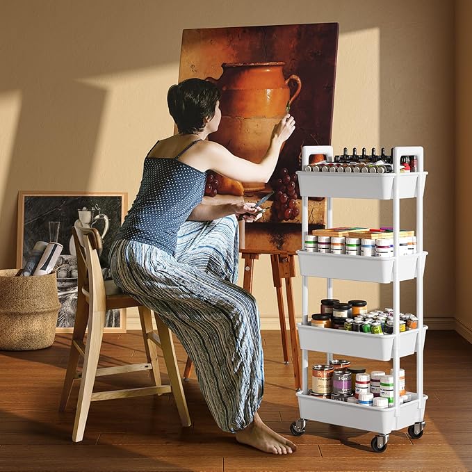 Pipishell 4 Tier Rolling Cart Organizer, Plastic Rolling Cart with Lockable Wheels & Reinforced Handle, Lightweight Utility Cart Storage Cart for Nursery, Kitchen, Bathroom, Craft Room, White, PIUC15W