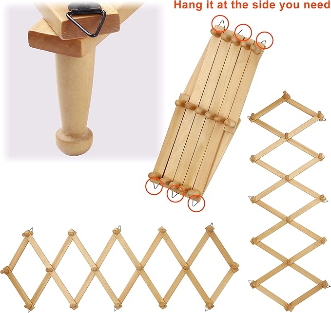 Dseap Accordian Wall Hanger: 16” High Wooden Wall Expandable Coat Rack, Hat Rack Holder, Accordion Hook for Baseball Caps, Coats, Mugs, 16 Peg Hooks, Natural