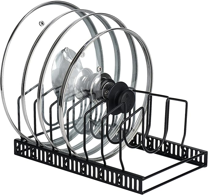 Toplife Pot Lids Organizer Rack for Cabinet and Countertop, 7+ Pan Lids and Bakeware Organizer Rack Holder with 7 Adjustable Compartments - Black