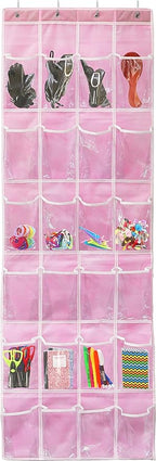 Simple Houseware 24 Pockets - Crystal Clear Over The Door Hanging Shoe Organizer, Pink (64'' x 19'')