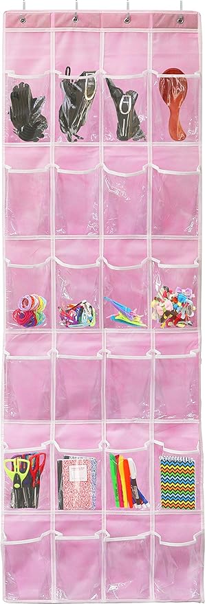 Simple Houseware 24 Pockets - Crystal Clear Over The Door Hanging Shoe Organizer, Pink (64'' x 19'')