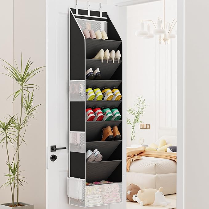 Criusia Shoe Organizer, Over the Door Shoe Organizer for Closet, Hanging Closet Shoe Storage with Large Deep Pockets, Holds Sneakers, Sandals, Boots, Fits 16–24 Pairs, Black