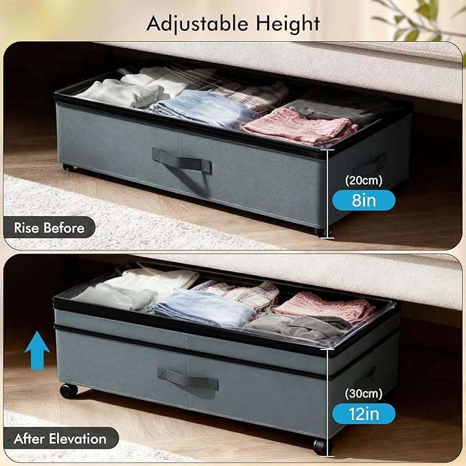 2-Pack Under Bed Storage Containers with Wheels, 75L Each Underbed Storage Organizer with Clear Handles, Collapsible Under Bed Storage Boxes for Clothes, Bedding, Max Load 80 LBS, Gray