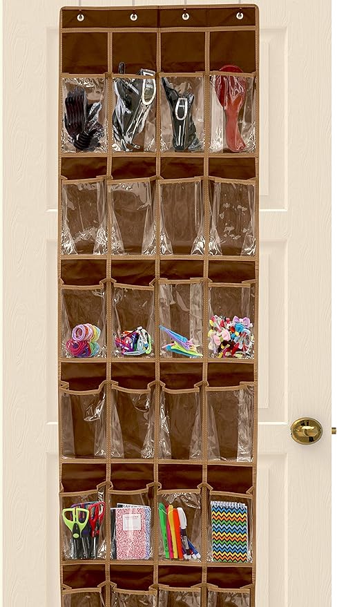 Simple Houseware 24 Pockets - Crystal Clear Over The Door Hanging Shoe Organizer, Brown (64'' x 19'')