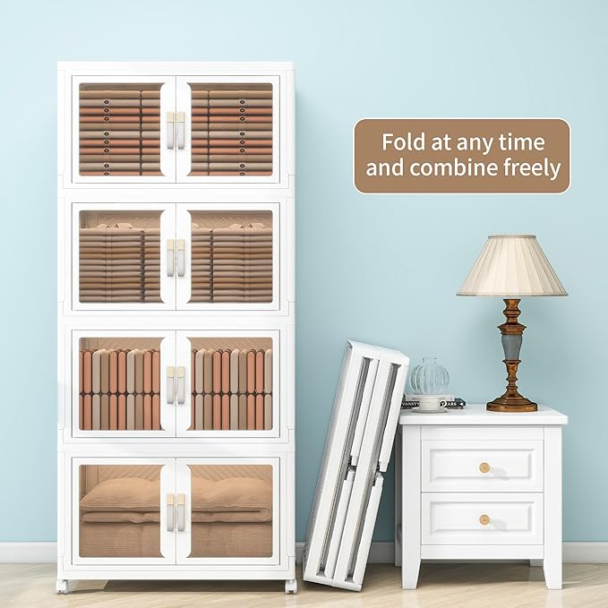 Large Stackable Storage Bins with Lids, 660QT-165QT*4Tier Foldable Cabinet for Closet Organizers, Plastic Storage Containers Box with Wheels