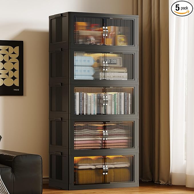 SAILUN 136Gal/543Qt Stackable Storage Bins Folding Collapsible Storage Bins with Lid, Closet Organizers and Storage, Storage Box with Door Black 26" W x 17" D x 71" H