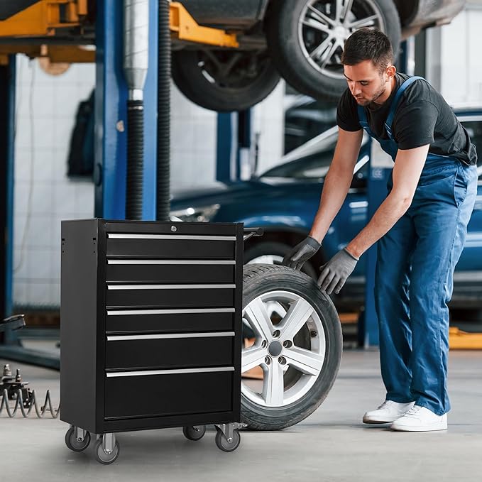 Tool Chest Cabinet, Large Capacity Metal Tool Box with Wheels and Cylinder Locking, Roll Around Storage Organizer Tool Cart for Garage, Redtool cabinets on Wheels (Black, 6-Drawer-Wheel)