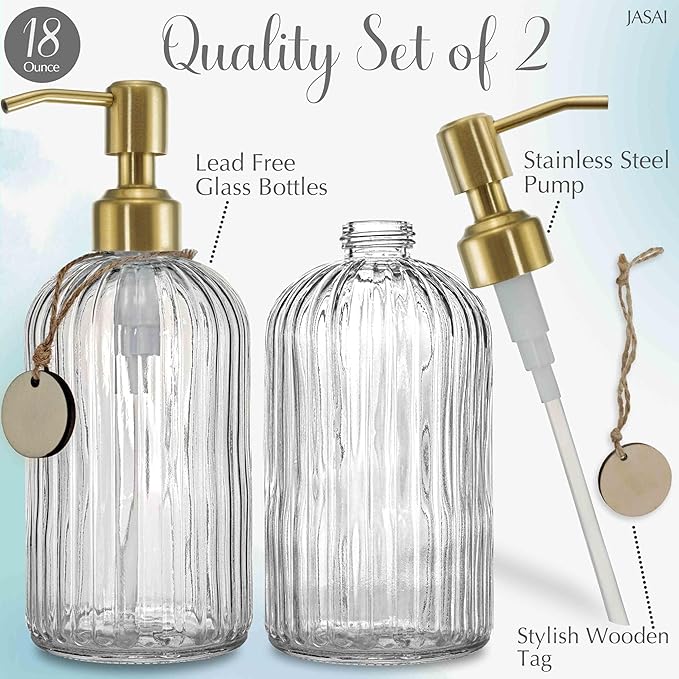 JASAI 2PACK 18Oz Fluted Glass Soap Dispenser with Golden Rust Proof Pump, Refillable Kitchen soap Dispenser with Vertical Stripe, Bathroom Soap Dispenser for Dispense Hand soap, Dish Soap, Lotion.