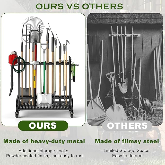 Garden Tool Organizer with Wheels, Large Capacity Garage Tool Rack with Hooks, for Broom, Shovel, Long Handled Tools, Metal Yard Tool Organizer for Garage, Shed, Outdoor