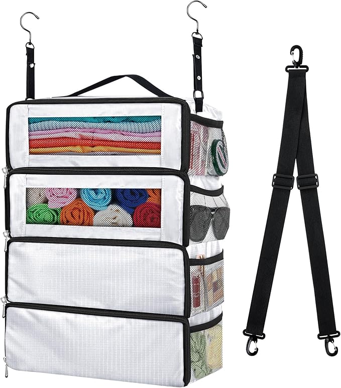 Suitcase Organizer, Carry On Closet Luggage Organizer Accessories - Foldable, Hangable Portable Hanging Travel Shelves With Shoulder Strap - Medium, White