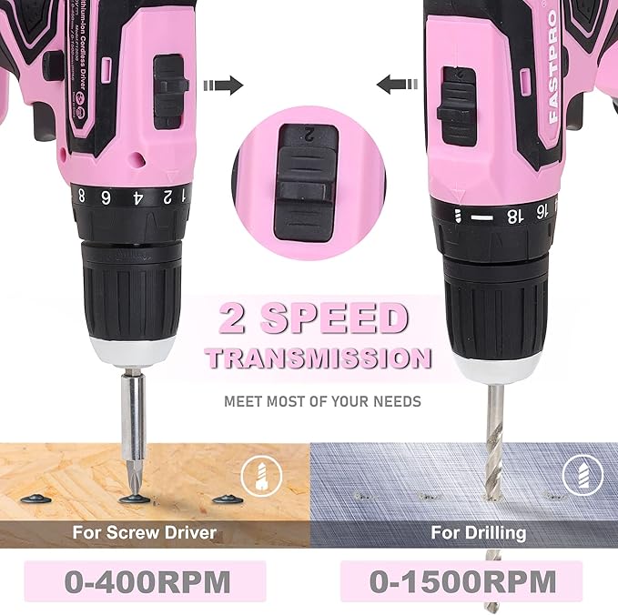 FASTPRO 177-Piece 20V Pink Cordless Lithium-ion Drill Driver and Home Tool Set, Lady's Home Repairing Tool Kit with Drill in Storage Case