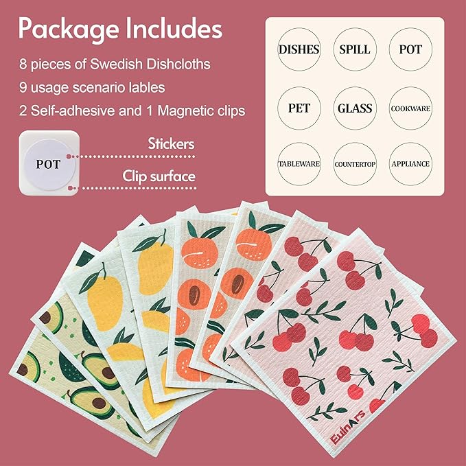 Swedish Dishcloths for Kitchen, 8 Pack Reusable Paper Towels with Clips, Non-Scratch Swedish Kitchen Towels, Super Absorbent Cellulose Sponge Cloths, Dishwasher Safe, No Odor