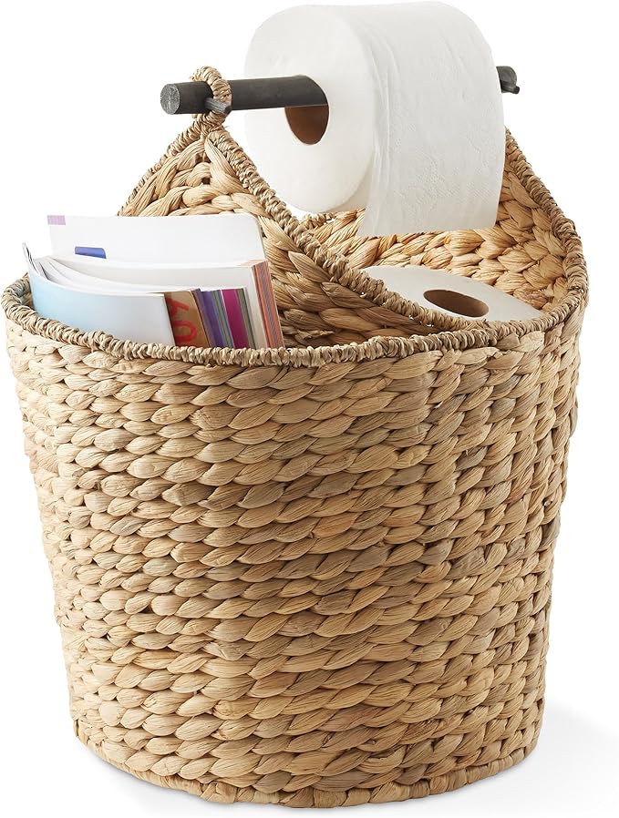 Casafield Toilet Paper Roll Storage Basket with Magazine Holder, Natural - Woven Water Hyacinth Wicker Bathroom Bin for Bath Tissue and Toiletries