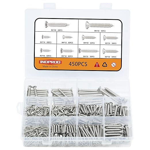 M3 M4 M5 M6 Wood Screws Assortment Kit 450Pcs,304 Stainless Steel Self-Tapping Screws Set,Phillips Drive Sheet Metal Screws,Countersunk Flat Head Assorted Screws,Self Tapping Screws for Metal