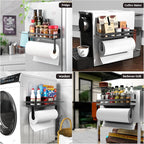 DELITON Magnetic Paper Towel Holder for Fridge - Black Paper Towel Roll Holder with Shelf for Grill Strong Magnetic Heavy Duty, Kitchen Refrigerator Organization Spice Rack with 2 Hooks No Drill