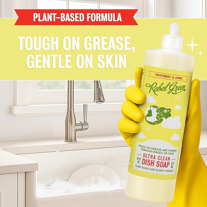 Rebel Green Super Deluxe Dish Soap - Plant-Based Sustainable Dishwashing Soap - Peppermint & Lemon Scent - 16 fl oz - 2 Pack
