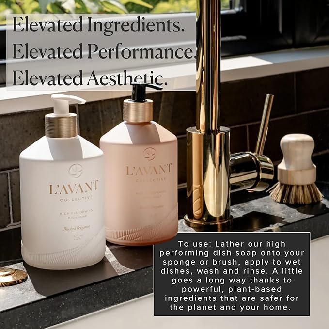 L'AVANT Collective High Performing Dish Soap | Plant-Based Ingredients & High Performing Formula | Notes of Bergamot, Orange Blossom, Amber, Cedar Reusable Glass Bottle Blushed Bergamot Scent |16oz