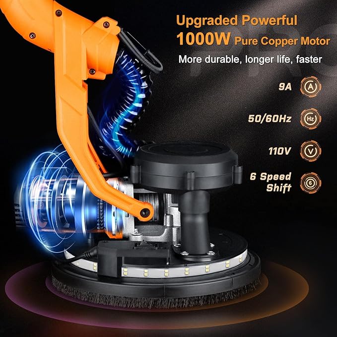 Electric Drywall Sander, 2200RPM Drywall Sander with Vacuum, 1000W Automatic Dust Collector with LED Light, Foldable Popcorn Ceiling Removal Tool with 6 Variable Speed &15Pcs Sanding Discs