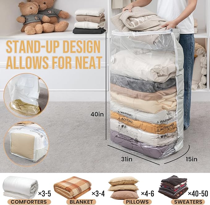 TAILI 10 Pack Vacuum Storage Bags, Space Saver Bags, Jumbo Cube 31x40x15 Inch, Extra Large Vacuum Sealed Bags for Comforters, Blankets, Bedding, Clothes, Closet Organization Space Saving, Cream