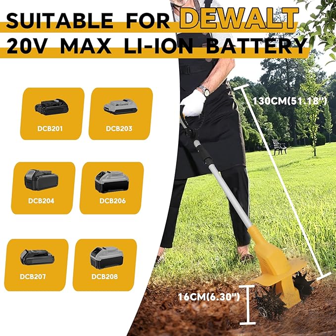 Cordless Tiller Cultivator Compatible with Dewalt 20V Max Li-ion Battery, 500W Brushless Rototiller for Gardening/Lawn, w/330 RPM, 4x12 Tines, 7.87" Tilling Width, 6.3" Depth(NO Battery)