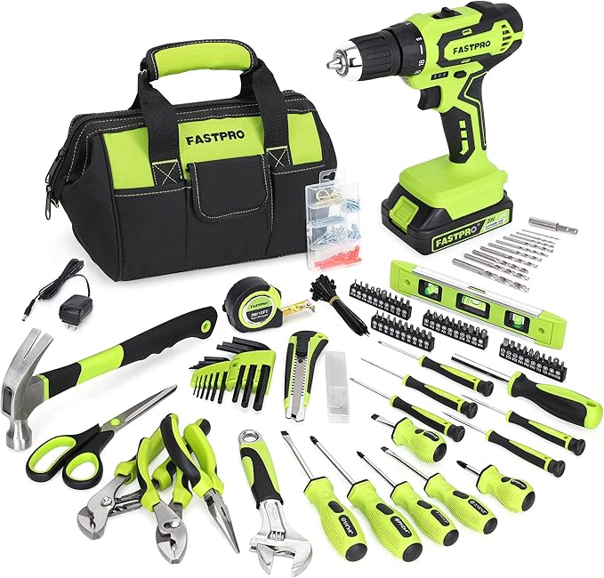 FASTPRO 232-Piece 20V Cordless Lithium-Ion Drill Driver & Home Tool Set, Household Repairing Tools Kit with Drill, 12-Inch Wide Mouth Storage Bag, Green