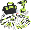 FASTPRO 232-Piece 20V Cordless Lithium-Ion Drill Driver & Home Tool Set, Household Repairing Tools Kit with Drill, 12-Inch Wide Mouth Storage Bag, Green