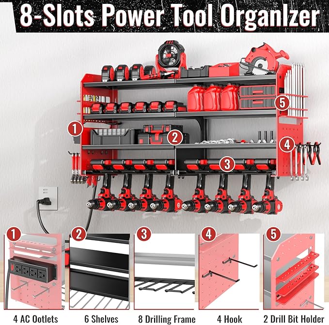 Large Power Tool Organizer Wall Mount with Charging Station, 4 Layer Heavy Duty Metal Cordless Tool Organizer, Tool Storage Rack with 8 Cordless Drill Holder Screwdriver Hammer(Red)