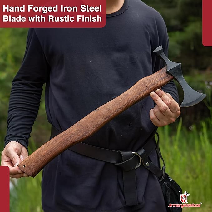 Armory Replicas™ Hand-Forged Viking Battle Axe with Hammer - Rustic Iron Steel Blade, 19.34” Wood Handle, Functional Throwing Axe for Re-enactments, Camping