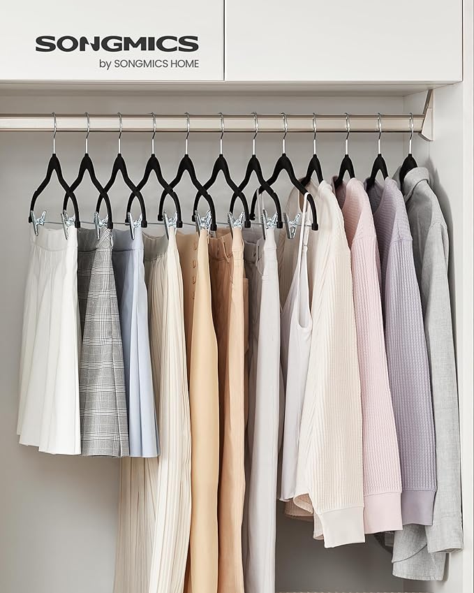 SONGMICS 30 Pack Pants Hangers, 16.7 Inches Long Velvet Trousers Hangers with Adjustable Clips, Heavy-Duty, Non-Slip, Space-Saving for Pants, Skirts, Coats, Dresses, Tank Tops, Black UCRF12B30