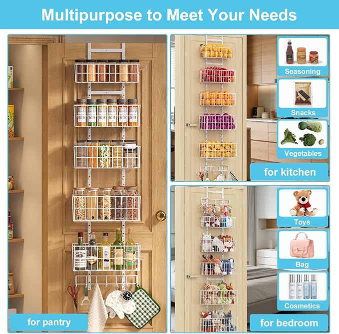 Adjustable Over The Door Organizer, Metal Hanging Door Organizer with 5 Wire Basket 7 Hooks, Wall Mounted Shelf for Pantry Closet Organization and Storage, White