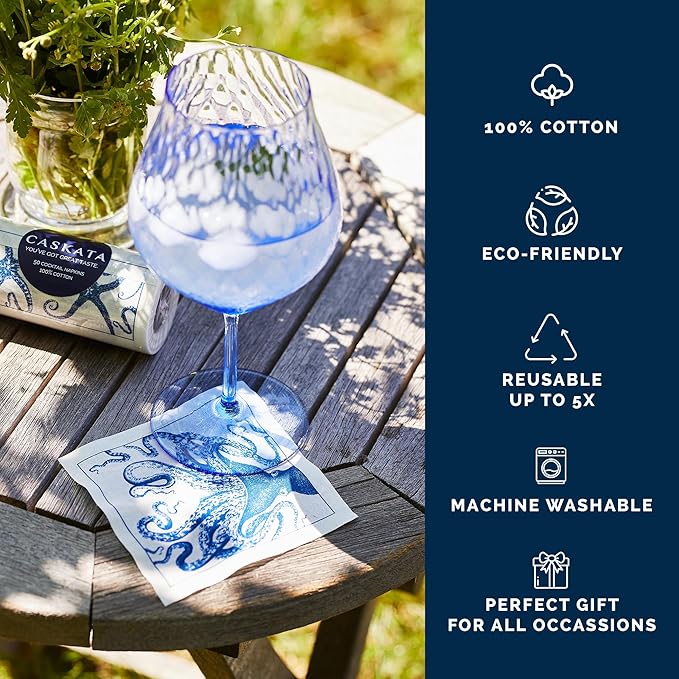 Coastal Cocktail Napkin Roll of 50 | 100% Cotton Quick Dry Reusable | Perfect for Home, Dining, Birthday, Gifts | Blue and White, 4.5W X 4.5L