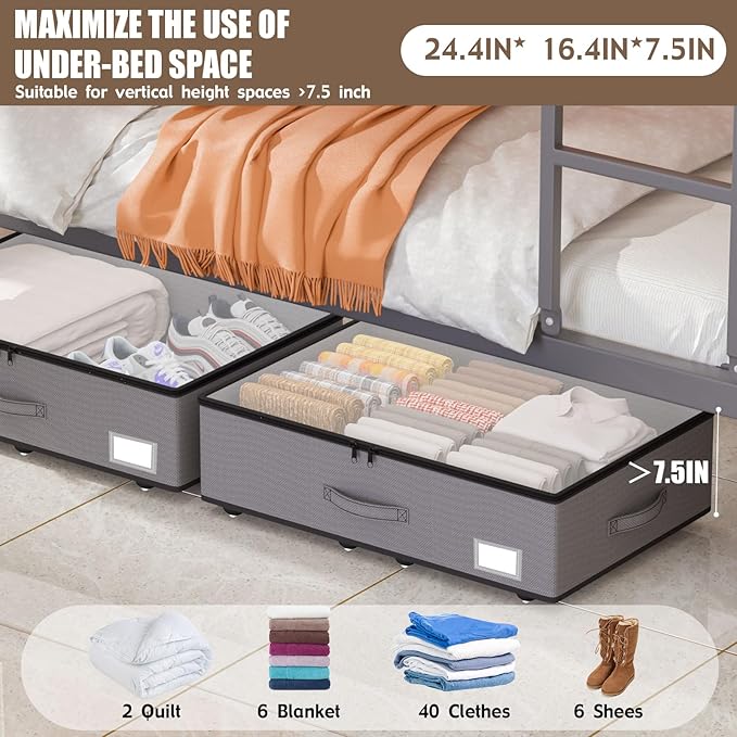 Under Bed Storage with Wheels, No Assemble Required 7.5 inches height Under Bed Storage bins,Large capacity Rolling Underbed Shoe Storage containers，dorm underbed storage drawers