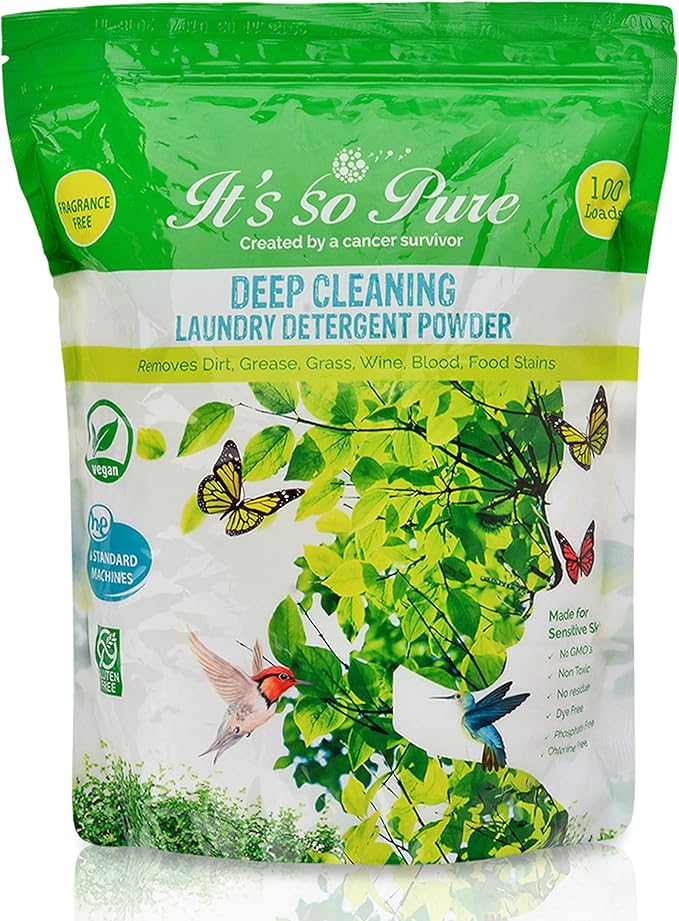 It’s So Pure All Natural Laundry Detergent Powder – Deep Cleaning, Removes Dirt, Grease, Stains – Non-toxic, Vegan, Fragrance Free Laundry for Sensitive Skin, HE Compatible (100 Loads)