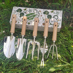 Garden Tools Set, 5 Piece Stainless Steel Hand Tool Kit with Ergonomic Wooden Handle, Heavy Duty Gardening Tools Include Hand Trowel, Transplant Trowel, Hand Rake, Hand Fork and Weeder