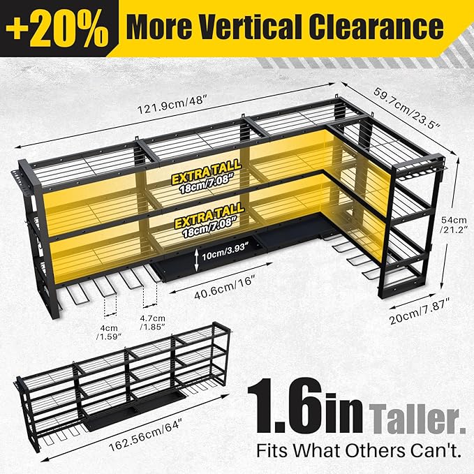 64''W XLarge Power Tool Organizer Wall Mount | Modular & Corner-Fit 820lbs Storage Rack with 8 Cordless Drill Holder | 4-Tier Heavy Duty Metal Utility Shelf for Garage Workshop Organization