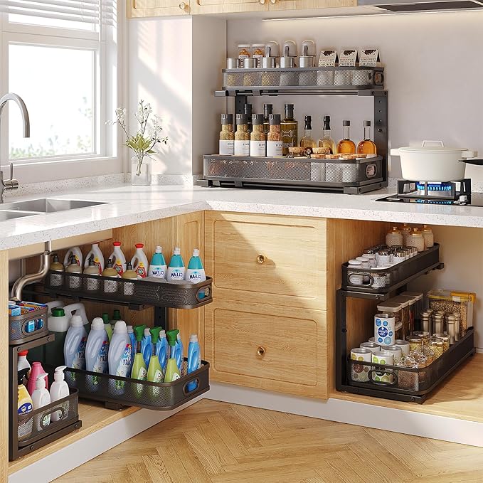 2 Pack 21.3IN-Depth Under Sink Organizer with Smooth Cylindrical Rail,2-Tier Pull Out Multi-Purpose Cabinet Storage for Bathroom&Kitchen,Height Adjustable,Rust-Resistant Coating-Black