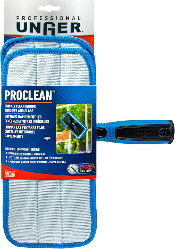 UNGER ProClean Connect and Clean Indoor Window Cleaning Kit, Washing Tool with Swivel Head for Tight Corners and Edges, Streak-Free Results on Glass and Mirrors, Reusable Microfiber Pads