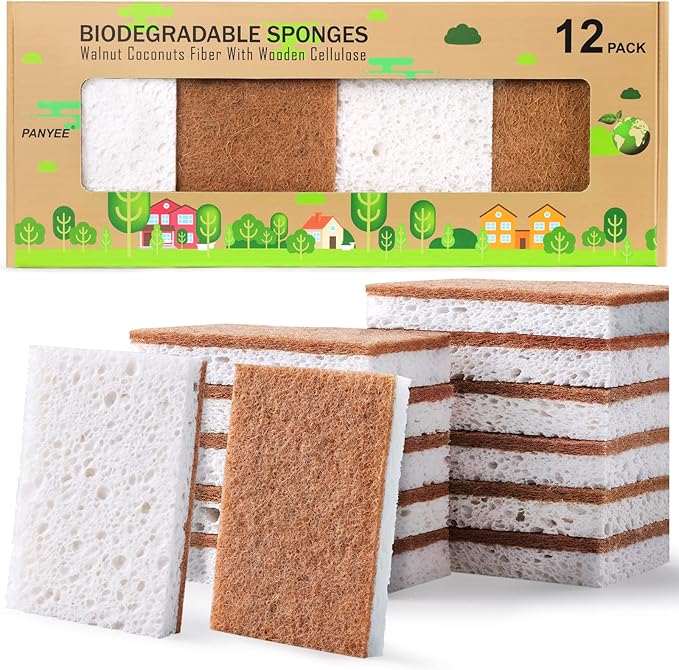 Biodegradable Natural Kitchen Sponge，Eco Friendly Sponges for Dishes,Compostable Cellulose Sponge with Natural Plant Based Coconut Walnut Sustainable Scrubber Sponge Pack of 12