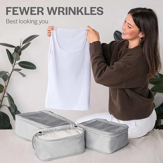 Compression Packing Cubes for Travel - Luggage Organizer Bags - Double Zipper Packing Cubes for Suitcases (4-Pack, Light Grey)